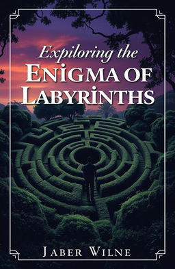 A captivating eBook cover design focused on labyrinths, featuring an intricate maze that spirals into the distance, surrounded by lush greenery and mysterious shadows
