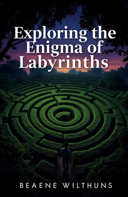 A captivating eBook cover design focused on labyrinths, featuring an intricate maze that spirals into the distance, surrounded by lush greenery and mysterious shadows