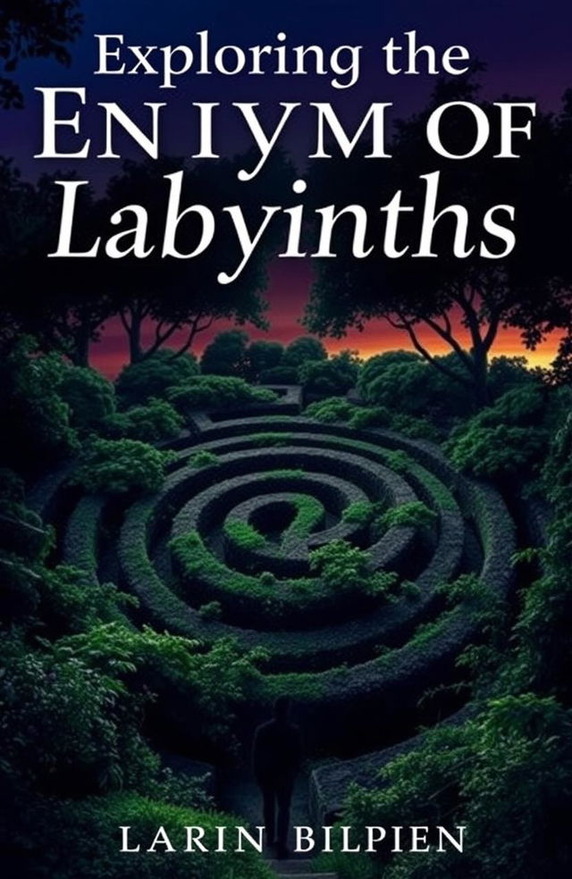 A captivating eBook cover design focused on labyrinths, featuring an intricate maze that spirals into the distance, surrounded by lush greenery and mysterious shadows