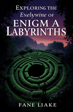 A captivating eBook cover design focused on labyrinths, featuring an intricate maze that spirals into the distance, surrounded by lush greenery and mysterious shadows