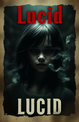 A horror fiction cover depicting a girl named Lucid, her face appearing distorted and blurry, conveying a sense of death and nightmares