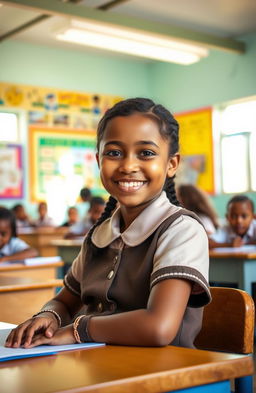 Imagine a charming young girl named Selena Mohabeer, who is 10 years old, sitting at her desk in a bright and colorful classroom at La Grange Primary School