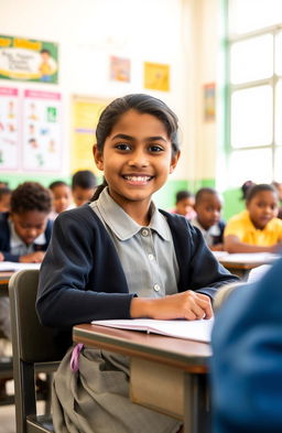 Imagine a charming young girl named Selena Mohabeer, who is 10 years old, sitting at her desk in a bright and colorful classroom at La Grange Primary School