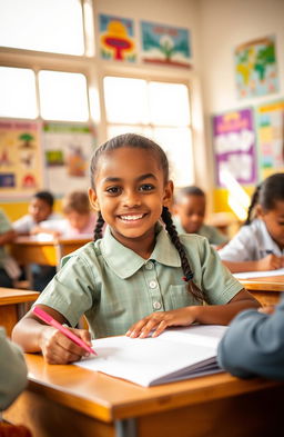 Imagine a charming young girl named Selena Mohabeer, who is 10 years old, sitting at her desk in a bright and colorful classroom at La Grange Primary School