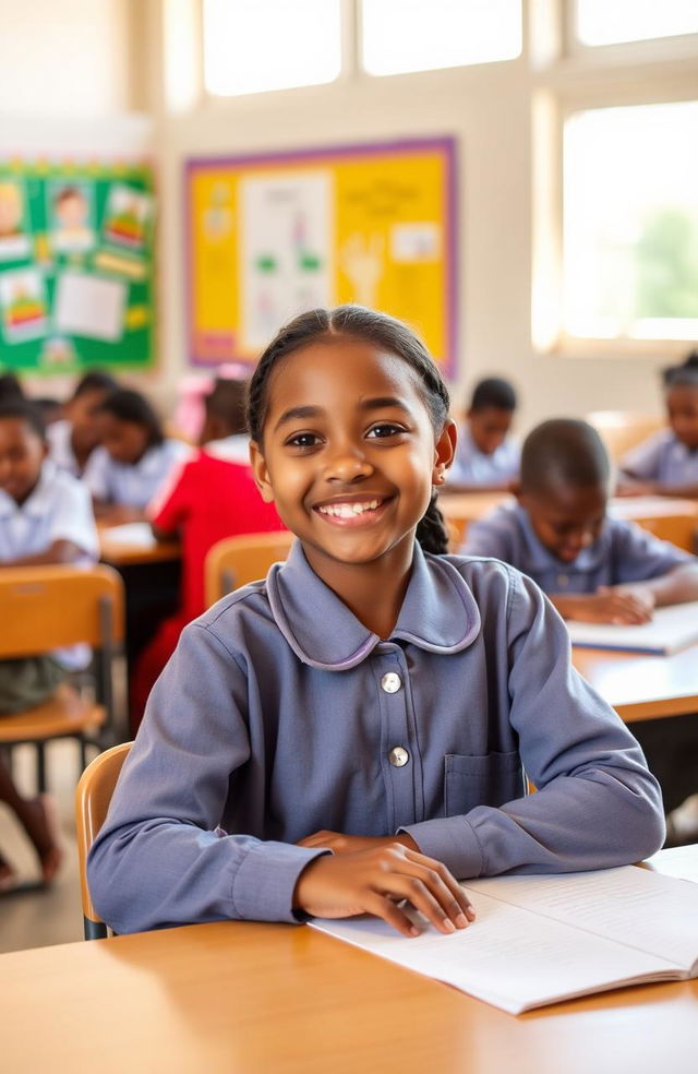 Imagine a charming young girl named Selena Mohabeer, who is 10 years old, sitting at her desk in a bright and colorful classroom at La Grange Primary School