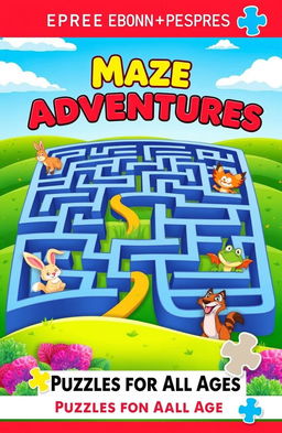 A vibrant and enticing eBook cover for a maze puzzle collection, featuring an intricate maze design that fills the background