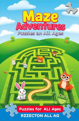 A vibrant and enticing eBook cover for a maze puzzle collection, featuring an intricate maze design that fills the background