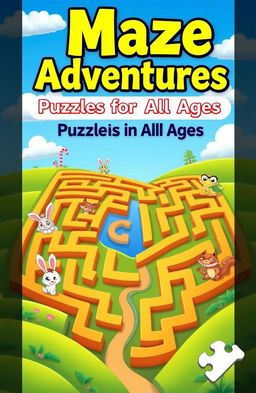 A vibrant and enticing eBook cover for a maze puzzle collection, featuring an intricate maze design that fills the background