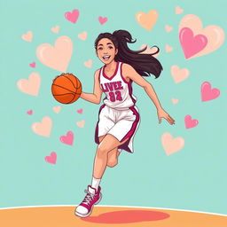 A vibrant illustration of a talented, athletic female basketball player resembling Caitlin Clark on the basketball court