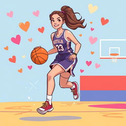 A vibrant illustration of a talented, athletic female basketball player resembling Caitlin Clark on the basketball court