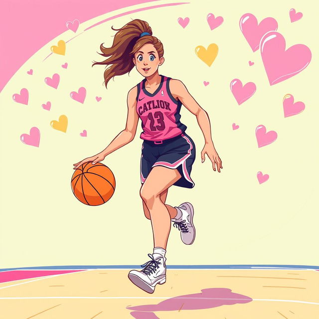 A vibrant illustration of a talented, athletic female basketball player resembling Caitlin Clark on the basketball court