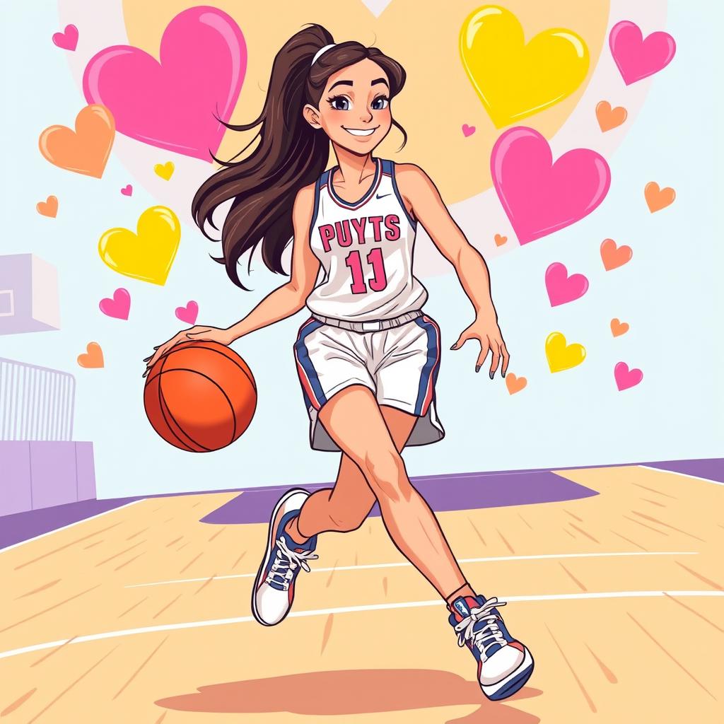 A vibrant illustration of a talented, athletic female basketball player resembling Caitlin Clark on the basketball court