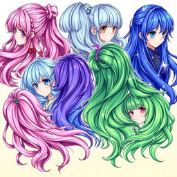 A vibrant and detailed illustration of anime-style hair, showcasing an array of different hairstyles and colors