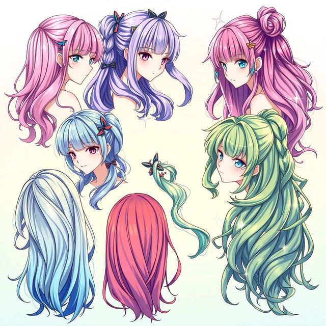 A vibrant and detailed illustration of anime-style hair, showcasing an array of different hairstyles and colors