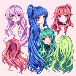 A vibrant and detailed illustration of anime-style hair, showcasing an array of different hairstyles and colors