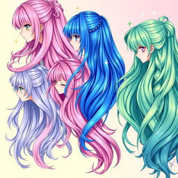 A vibrant and detailed illustration of anime-style hair, showcasing an array of different hairstyles and colors