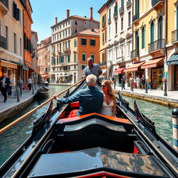 An Italian gondolier serenely guiding a couple on a romantic gondola ride through the picturesque canals of Venice