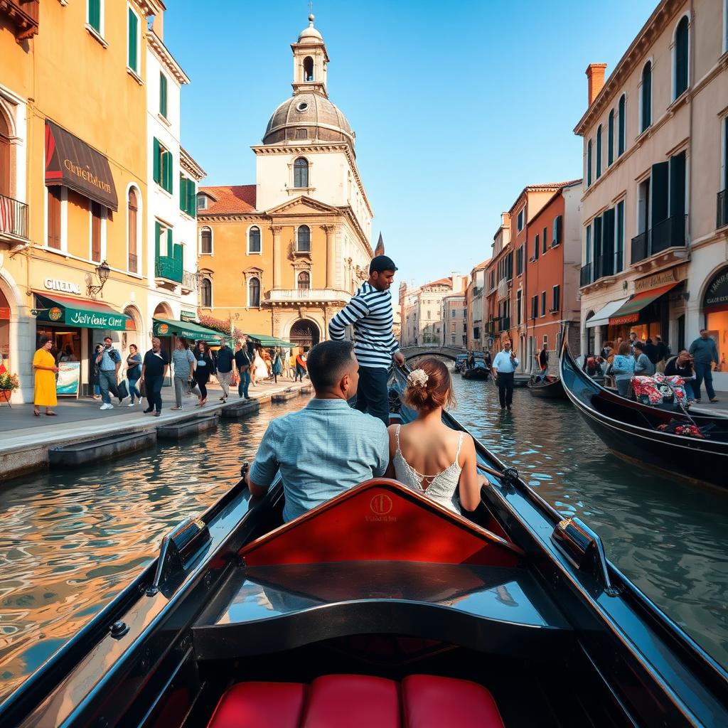 An Italian gondolier serenely guiding a couple on a romantic gondola ride through the picturesque canals of Venice