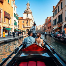 An Italian gondolier serenely guiding a couple on a romantic gondola ride through the picturesque canals of Venice