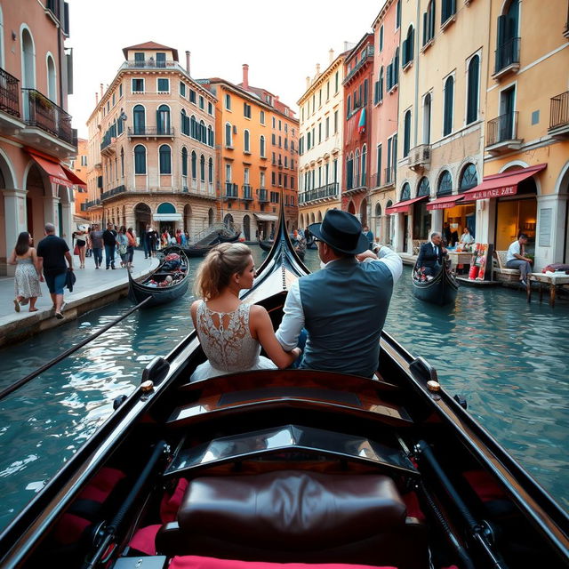 An Italian gondolier serenely guiding a couple on a romantic gondola ride through the picturesque canals of Venice