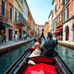 An Italian gondolier serenely guiding a couple on a romantic gondola ride through the picturesque canals of Venice