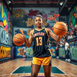 A dynamic portrait of a female basketball player inspired by Catlin Clark, wearing a stylish and modern basketball outfit, confidently posing on a vibrant basketball court