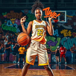 A dynamic portrait of a female basketball player inspired by Catlin Clark, wearing a stylish and modern basketball outfit, confidently posing on a vibrant basketball court