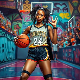 A dynamic portrait of a female basketball player inspired by Catlin Clark, wearing a stylish and modern basketball outfit, confidently posing on a vibrant basketball court