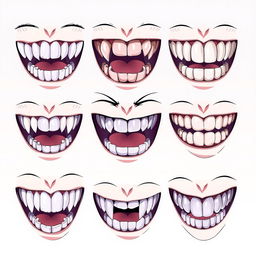 A creative and detailed illustration showcasing different types of anime teeth, featuring various styles and designs