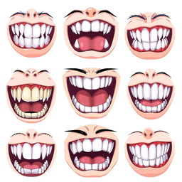 A creative and detailed illustration showcasing different types of anime teeth, featuring various styles and designs