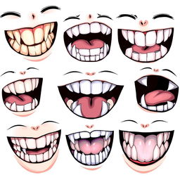 A creative and detailed illustration showcasing different types of anime teeth, featuring various styles and designs