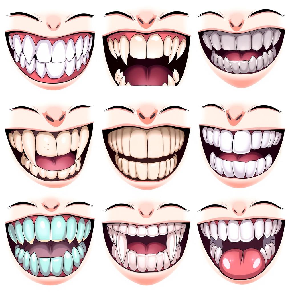 A creative and detailed illustration showcasing different types of anime teeth, featuring various styles and designs