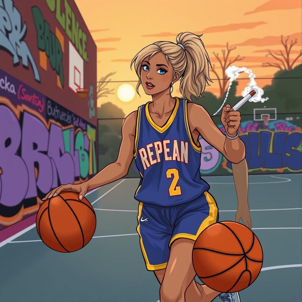 A stylized illustration of a female basketball player resembling Catlin Clark, dribbling a basketball on an outdoor court