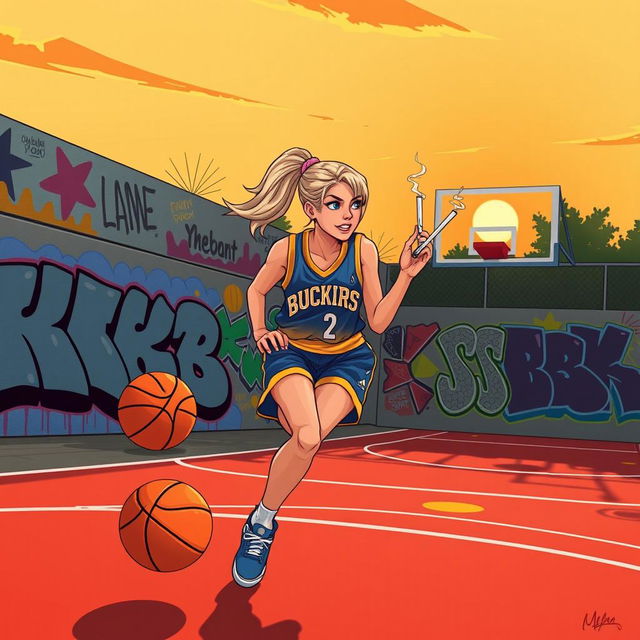 A stylized illustration of a female basketball player resembling Catlin Clark, dribbling a basketball on an outdoor court