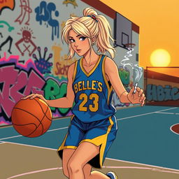 A stylized illustration of a female basketball player resembling Catlin Clark, dribbling a basketball on an outdoor court