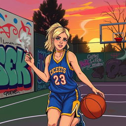 A stylized illustration of a female basketball player resembling Catlin Clark, dribbling a basketball on an outdoor court