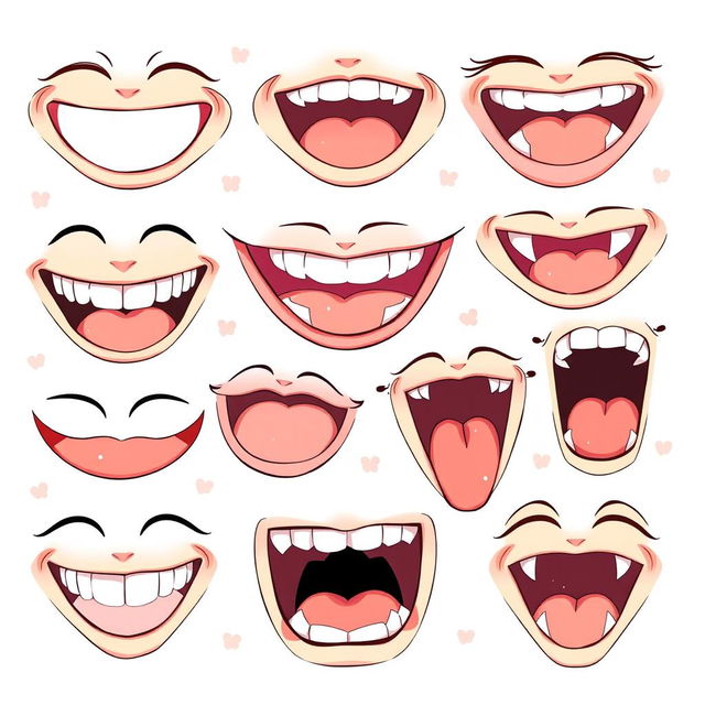 A creative and detailed illustration showcasing different types of anime mouths, featuring various styles and expressions