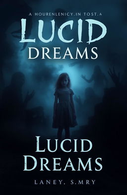 A haunting fiction cover for a horror story titled "Lucid Dreams," featuring a girl named Lucid standing alone in an ominous dark landscape
