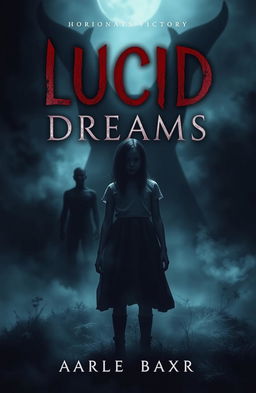 A haunting fiction cover for a horror story titled "Lucid Dreams," featuring a girl named Lucid standing alone in an ominous dark landscape