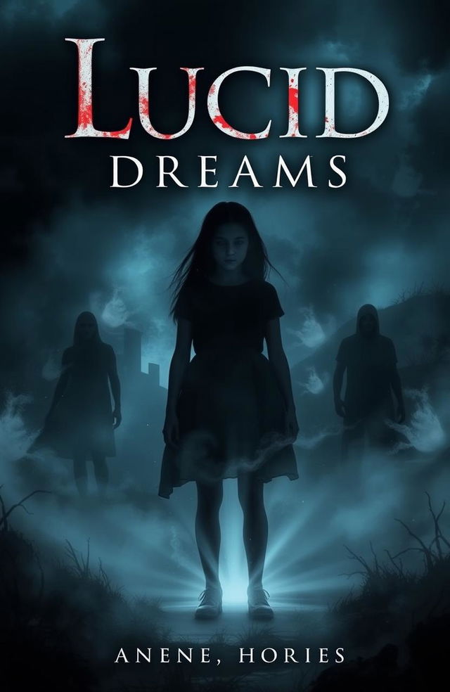 A haunting fiction cover for a horror story titled "Lucid Dreams," featuring a girl named Lucid standing alone in an ominous dark landscape