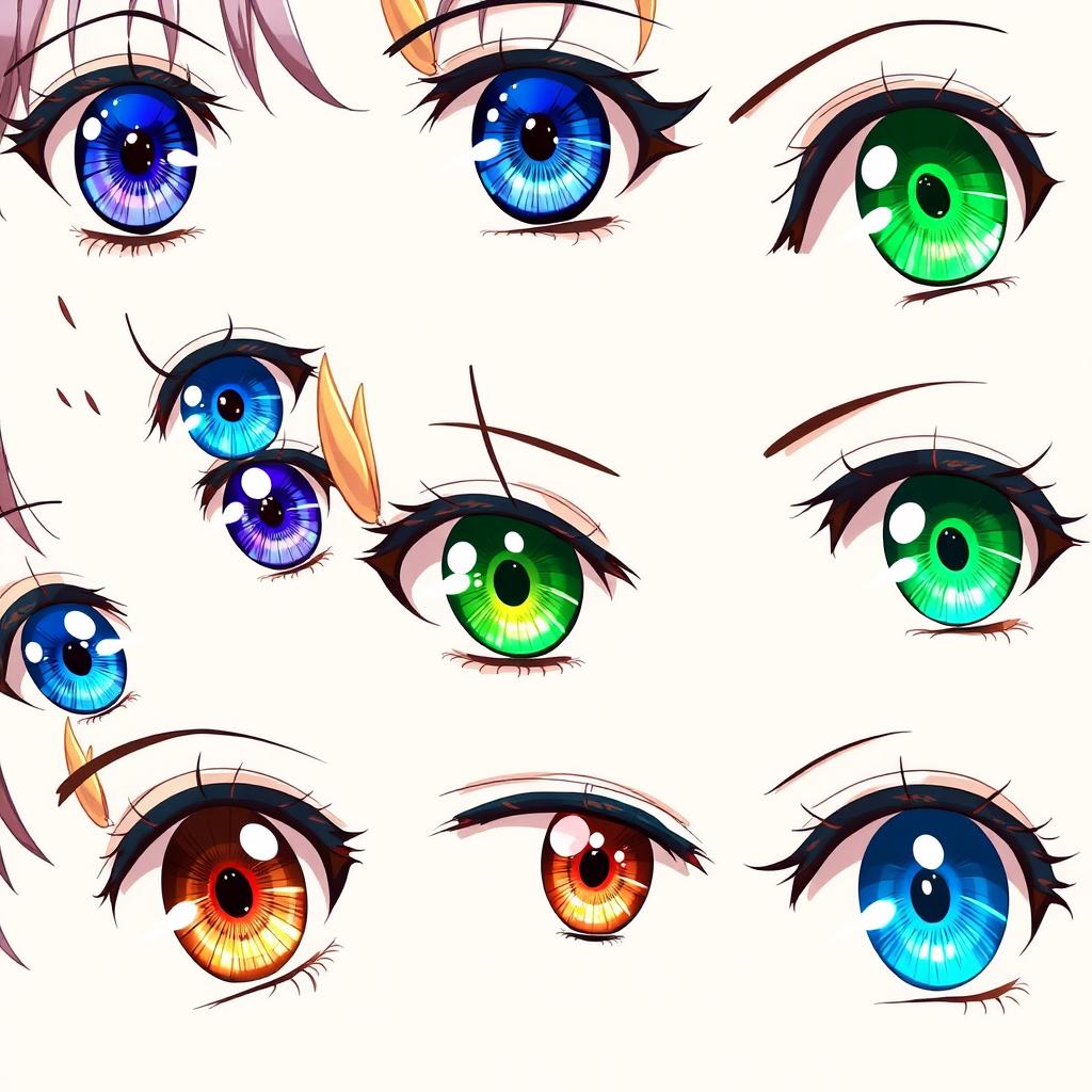 A colorful and detailed illustration showcasing different types of anime eyes, featuring a variety of shapes, sizes, and expressions