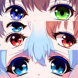 A colorful and detailed illustration showcasing different types of anime eyes, featuring a variety of shapes, sizes, and expressions
