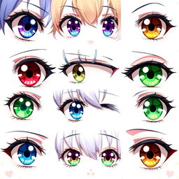A colorful and detailed illustration showcasing different types of anime eyes, featuring a variety of shapes, sizes, and expressions