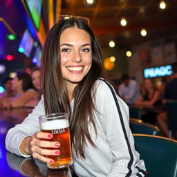 A young woman with long dark hair, resembling Caitlin Clark, playfully holding a beer in her hand, sitting at a lively bar with a background of colorful lights and cheerful patrons