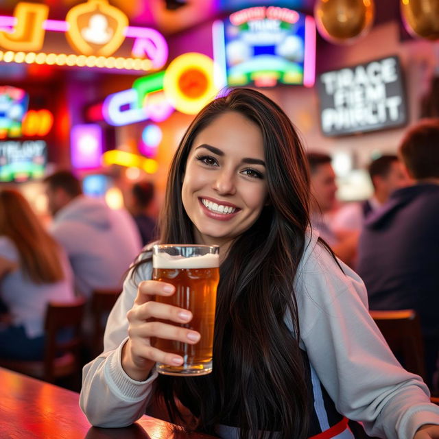 A young woman with long dark hair, resembling Caitlin Clark, playfully holding a beer in her hand, sitting at a lively bar with a background of colorful lights and cheerful patrons