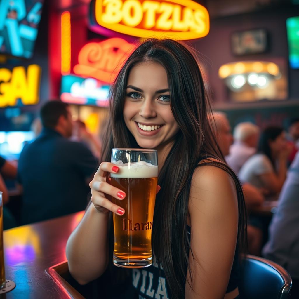 A young woman with long dark hair, resembling Caitlin Clark, playfully holding a beer in her hand, sitting at a lively bar with a background of colorful lights and cheerful patrons