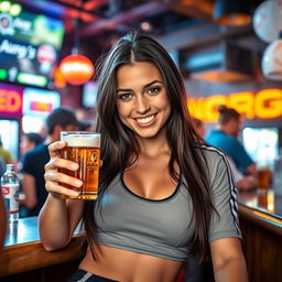 A young woman with long dark hair, resembling Caitlin Clark, playfully holding a beer in her hand, sitting at a lively bar with a background of colorful lights and cheerful patrons