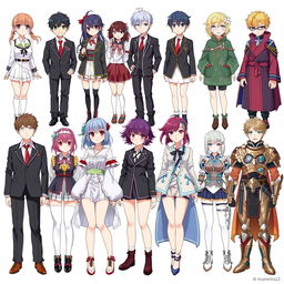 A vibrant and detailed illustration showcasing different types of anime clothing, featuring a variety of styles that represent various character archetypes