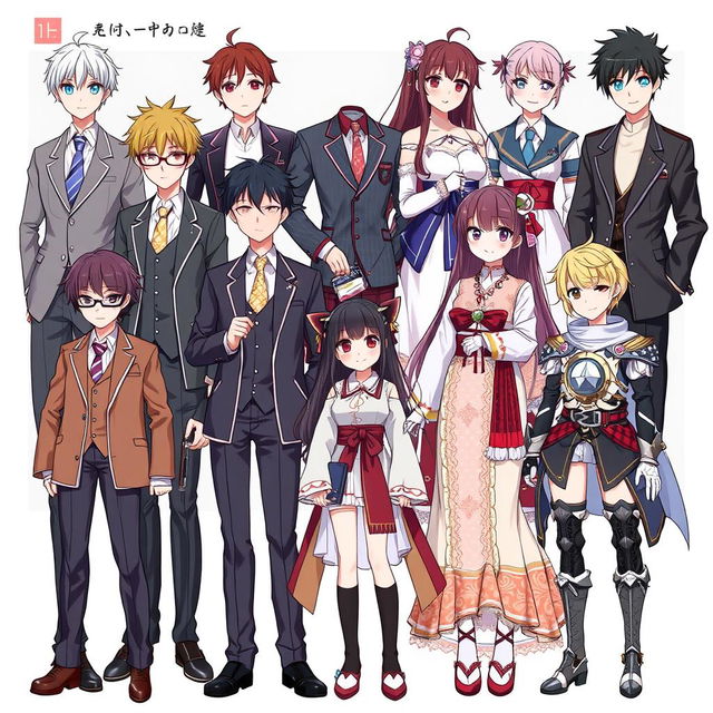 A vibrant and detailed illustration showcasing different types of anime clothing, featuring a variety of styles that represent various character archetypes