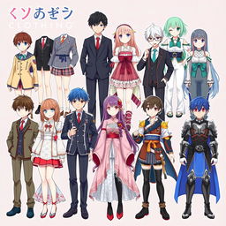 A vibrant and detailed illustration showcasing different types of anime clothing, featuring a variety of styles that represent various character archetypes